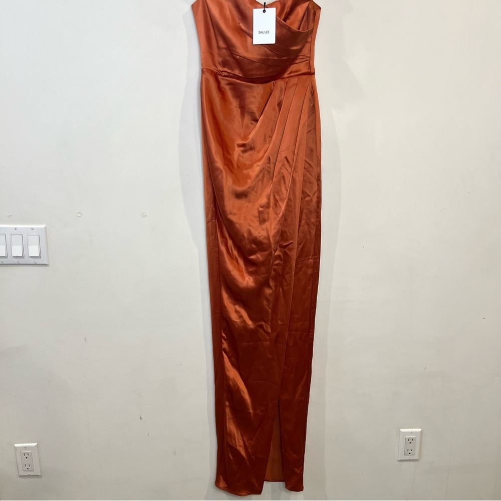 Sau Lee Gwyneth Off the Shoulder Gown Satin Maxi Dress Copper size 2 NEW w/ tags - Picture 4 of 16